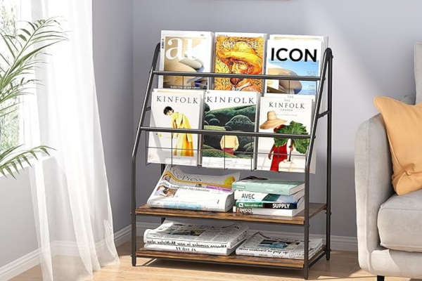 Baskets and Magazine Racks - VECELO Newspaper Magazine Holders,2-Tier Metal Racks Brochure Display Stand 